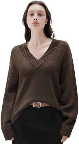 SUUKSESS Women Cashmere Oversized V Neck Pullover Sweaters Long Sleeve Jumpers | Amazon (US)