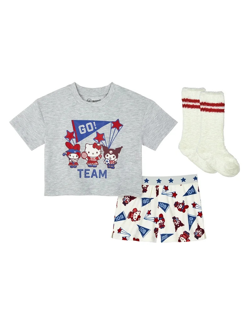 Wonder Nation x Hello Kitty Girls Short Sleeve Top and Shorts Pajama Set with Socks, 3-Piece, Siz... | Walmart (US)