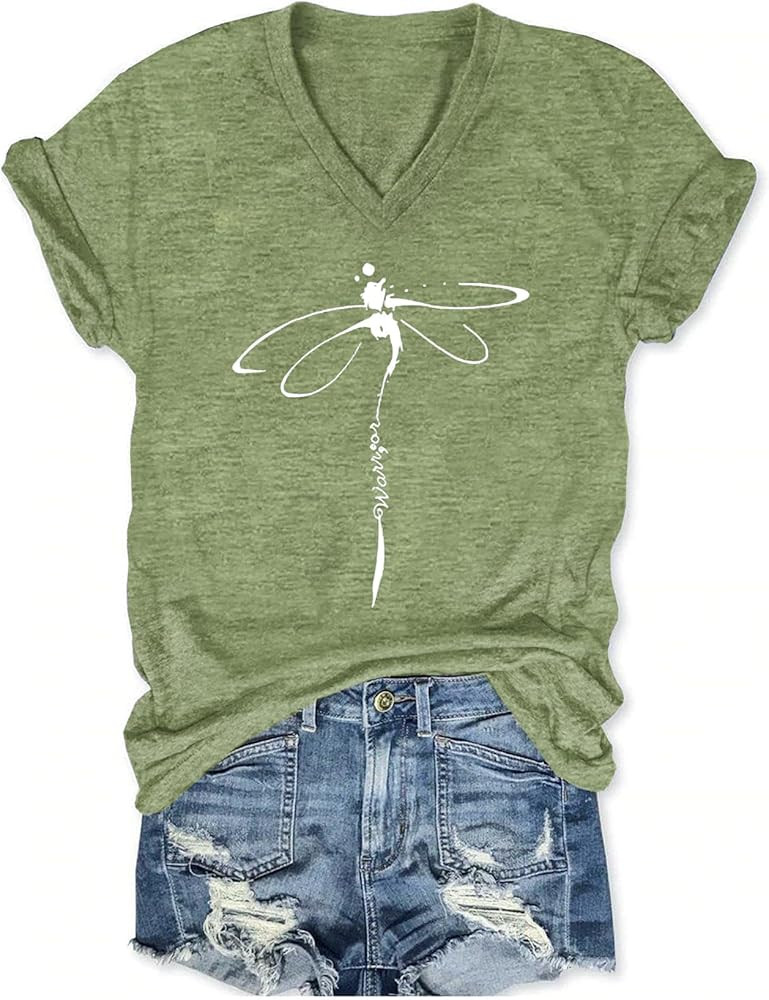 Women's T-Shirts V-Neck Dragonfly Tee Cute Summer Graphic Shirts Vintage Boho Flowers Short Sleev... | Amazon (US)