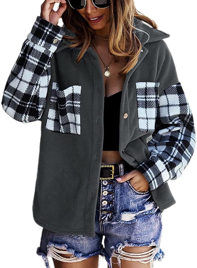 TIAFORD Women's Double Side Fleece Sherpa Plaid Lapel Patchwork Button Down Shacket Jacket | Amazon (US)