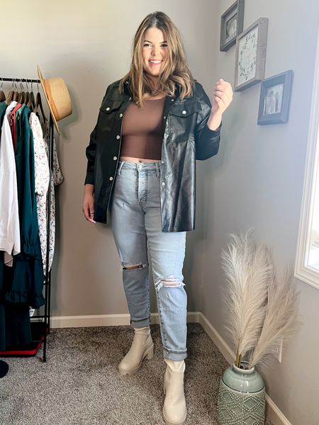 Women’s fall outfit with crop top and leather jacket, long, leather Shackett with platform Chelsea boots. Size large in crop top and jacket, boots, true to size, Old Navy, jeans size 12. 

#LTKstyletip #LTKSeasonal #LTKcurves