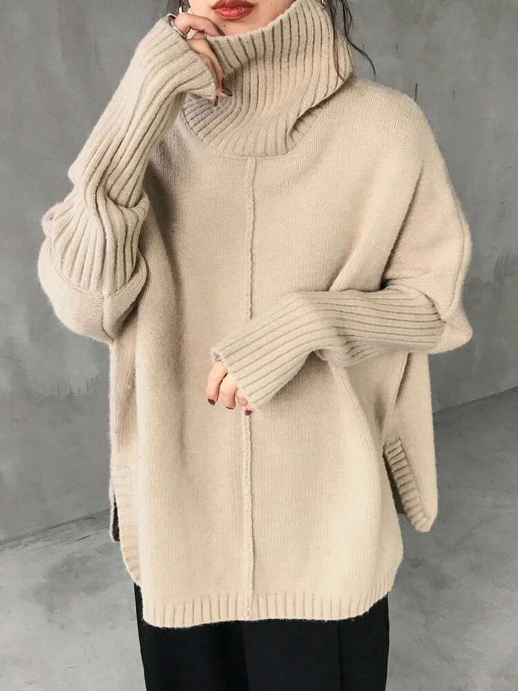 Women's Turtleneck Solid Color Loose Fit Long Sleeve Pullover Sweater, Elegant For Autumn/Winter | SHEIN
