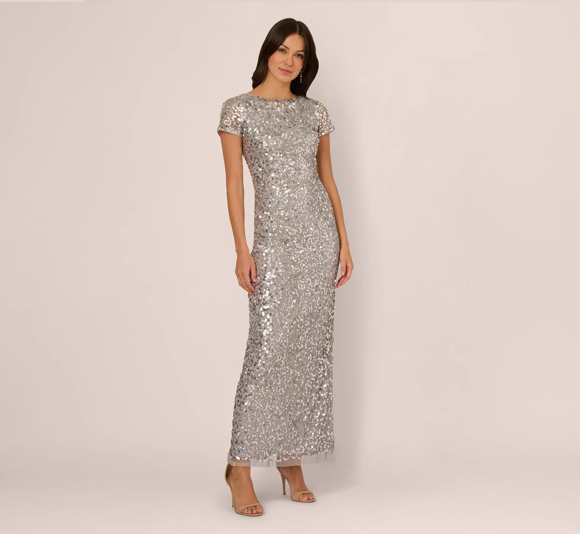 Short Sleeve Bead And Sequin Gown In Silver Mist | Adrianna Papell