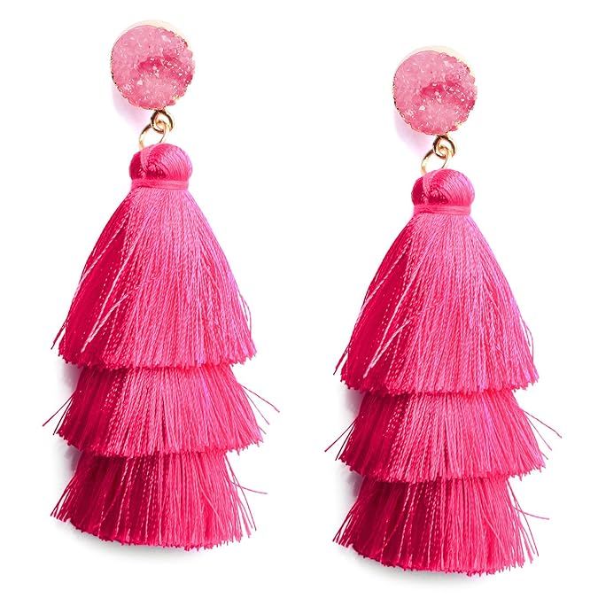 Colorful Layered Tassel Earrings Bohemian Dangle Drop Tiered Tassel Druzy Stud Earrings Women Gifts | Amazon (US)