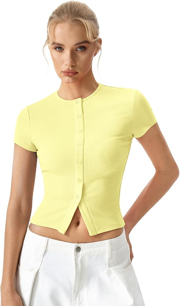 QINSEN Women's Crewneck Short Sleeve T Shirts Ribbed Button Going Out Trendy Tops | Amazon (US)