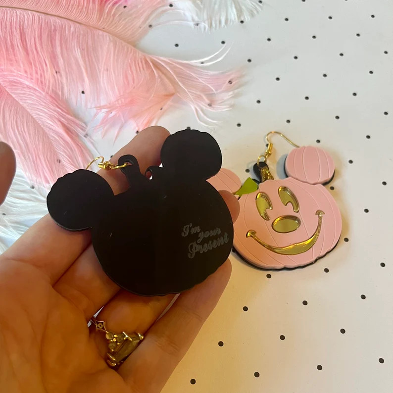 Pastel Pink Mickey Mouse Jack O Lantern Pumpkin Earrings, Laser Cut Acrylic, Costume Halloween Je... | Etsy (Global)