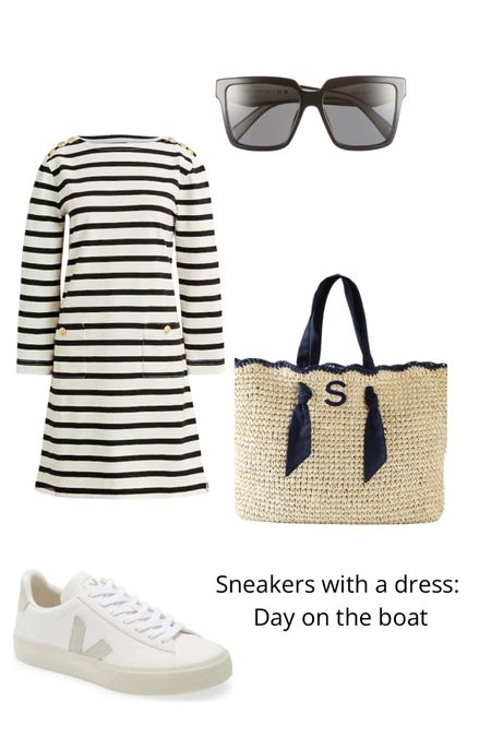 Sneakers with a dress for a day on the boat, striped dress, raffia tote, tote bag, white sneakers, stripe dress 
Current favorite vacation outfit!

#LTKitbag #LTKfindsunder100 #LTKshoecrush