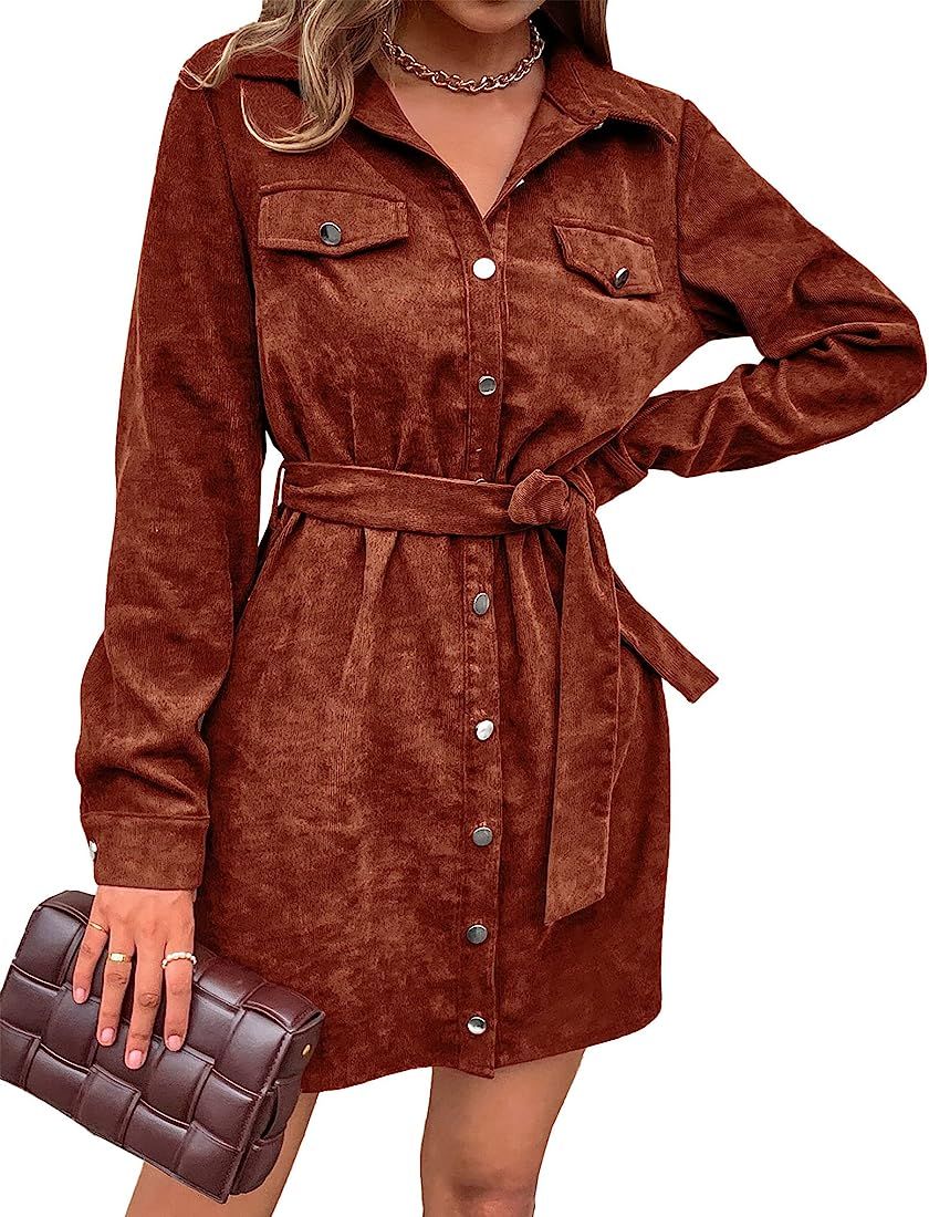 Women's Corduroy Shacket Jacket Shirts Lapel Long Sleeve Oversized 2023 Fall Winter Button Down Shir | Amazon (US)