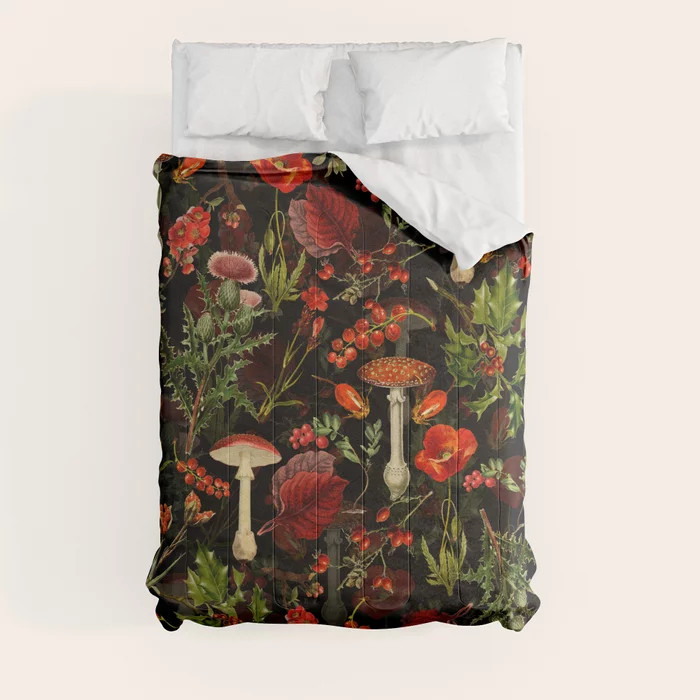 Vintage Dark Red Mushrooms And Poppies Botanical Midnight Garden Comforter | Society6