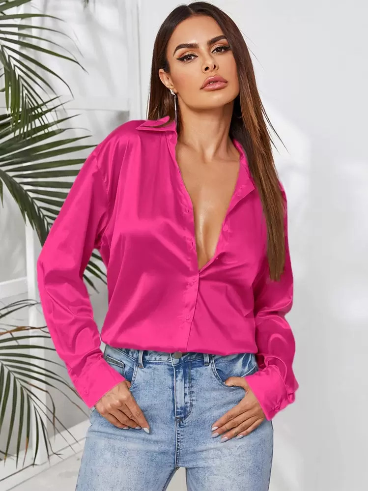 SHEIN Privé Solid Button Through Satin Shirt | SHEIN
