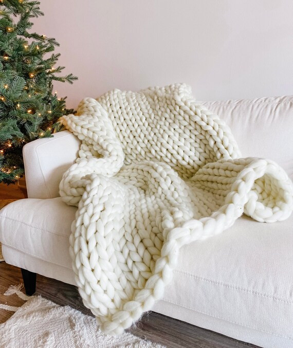 Chunky Knit Blanket  Cream Knitted Throw  Cream Christmas | Etsy | Etsy (US)