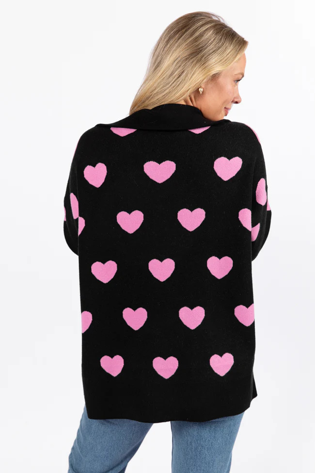Pulling Heartstrings Black and Pink Heart Print Quarter Zip Pullover | Pink Lily