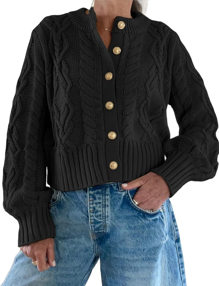 Watashi Women Sweater Casual Button Down Cable Knit Long Sleeve Cardigan Crewneck Lightweight Kni... | Amazon (US)