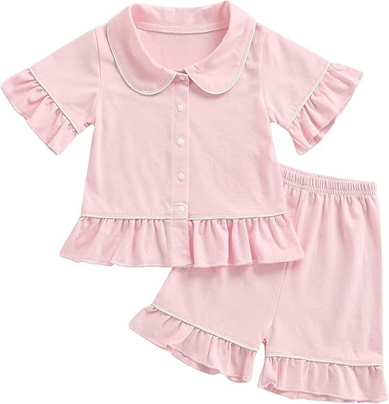 Toddler Baby Girls Pajamas Set, Print Long Sleeve Button-On Ruffle Sleepshirts Pjs Bottoms 2PC Sl... | Amazon (US)