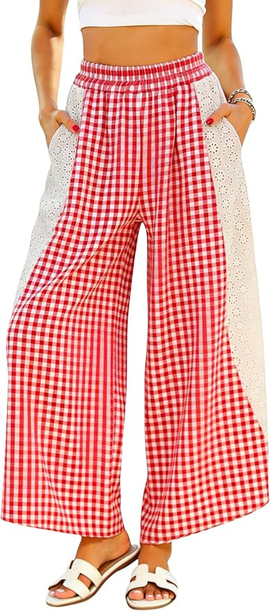 Athlisan Womens Summer Striped Gingham Wide Leg Lounge Pants Elastic Waist Beach Palazzo Trousers... | Amazon (US)