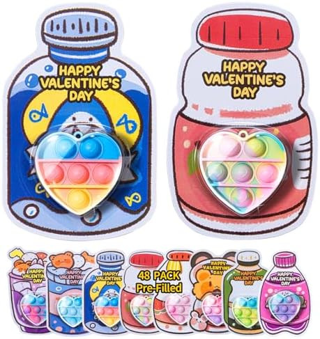 Valentines Day Gifts for Kids - 48 Pack Prefilled Heart Pop Fidget Valentines Cards for Kids Clas... | Amazon (US)