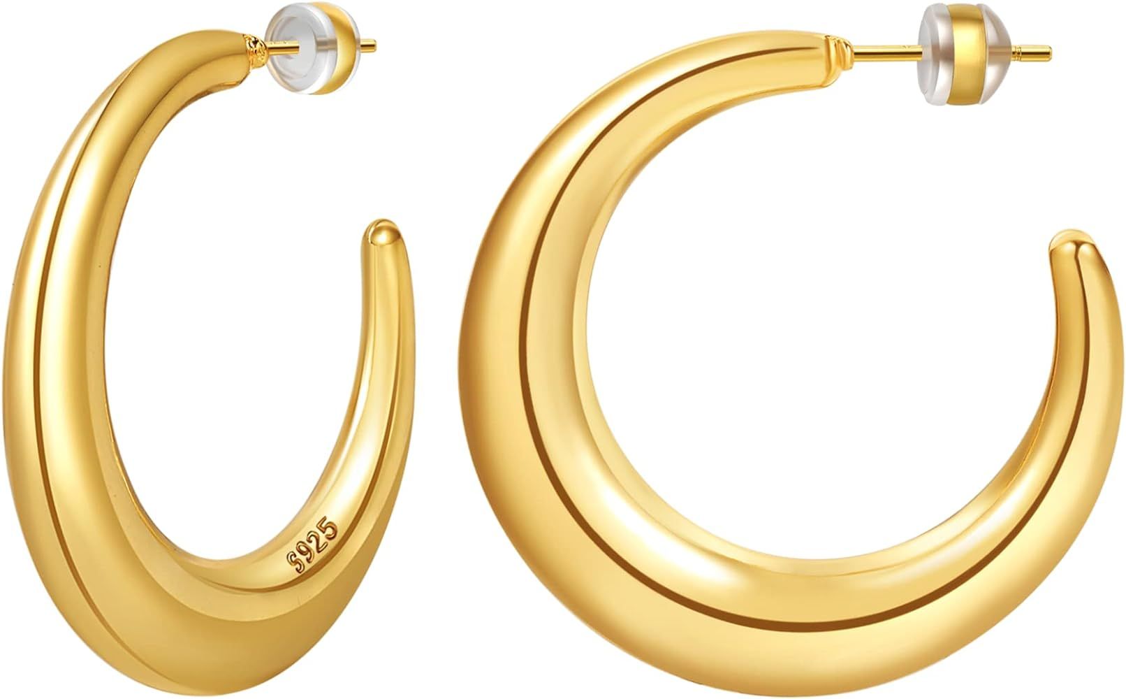 NEVEGE Chunky Gold Hoop Earrings for Women 14K Gold Hoop Earrings Sterling Silver Post Hypoallerg... | Amazon (US)