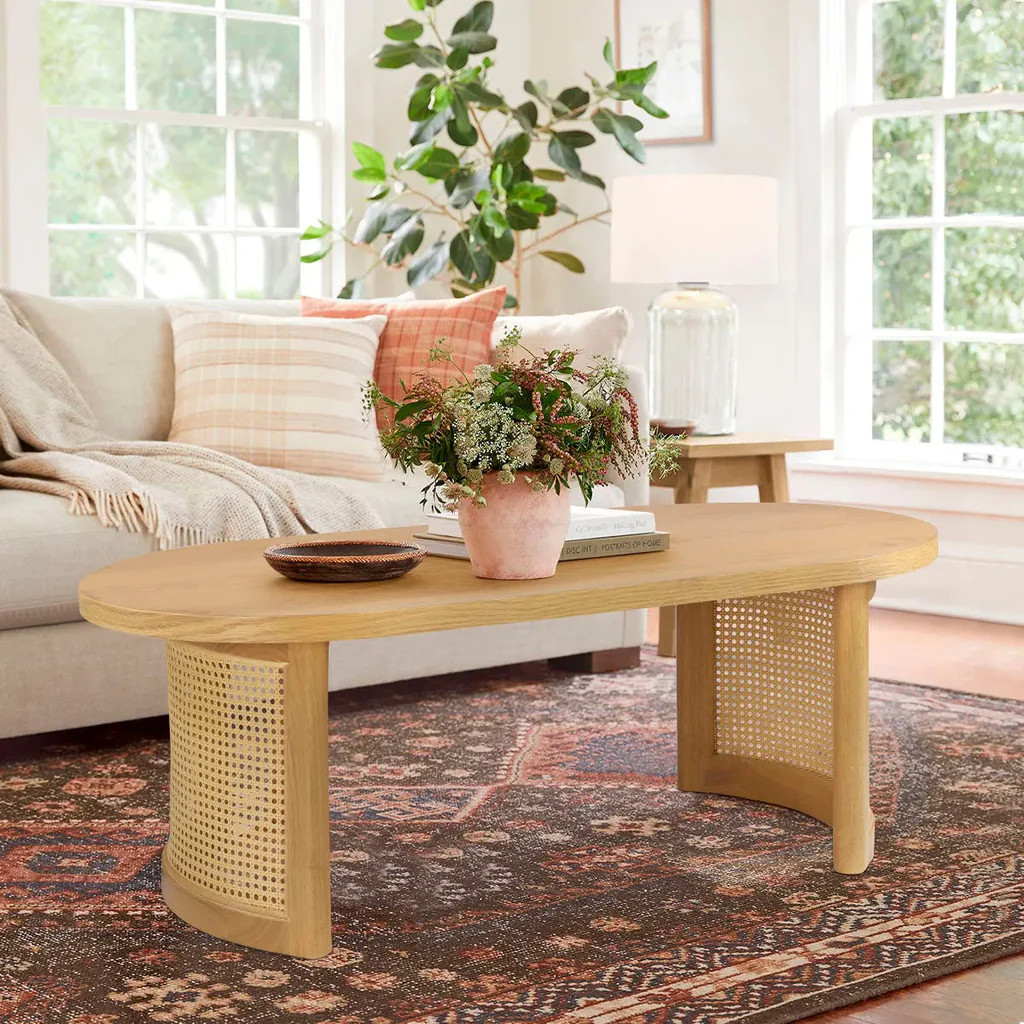 Aodai 48" Oak Wood & Rattan Oval Coffee Table | Pop Maison