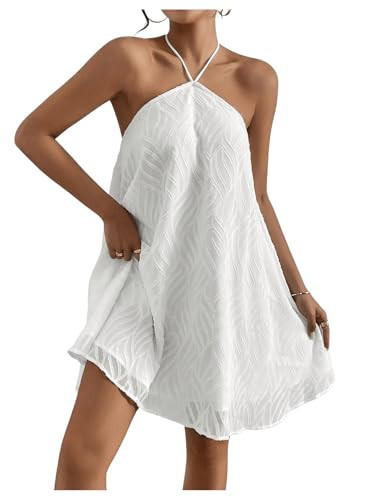 MakeMeChic Women's Summer Mini Dress Sleeveless Tie Back Halter Flowy Short Dress White Medium | Amazon (US)
