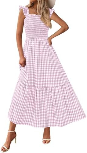 PRETTYGARDEN Womens Summer Dress Casual Square Neck Ruffle Strap Gingham Smocked Midi Flowy A Lin... | Amazon (US)
