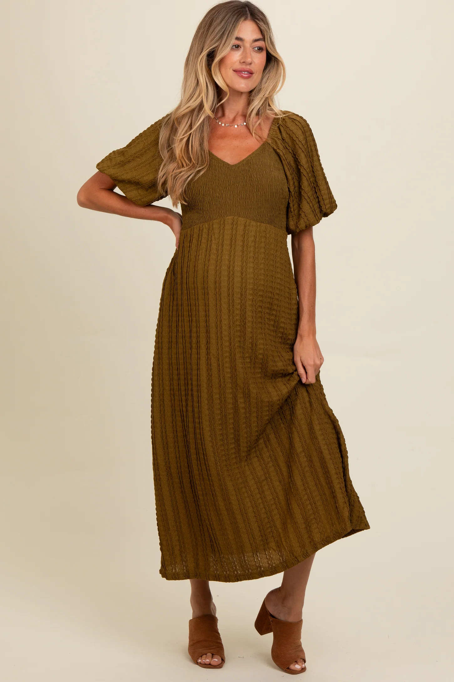Olive Smocked V-Neck Short Puff Sleeve Textured Maternity Midi Dress | PinkBlush Maternity