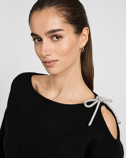 Boat Neck Rhinestone Bow Cold Shoulder Mini Sweater Dress | Express