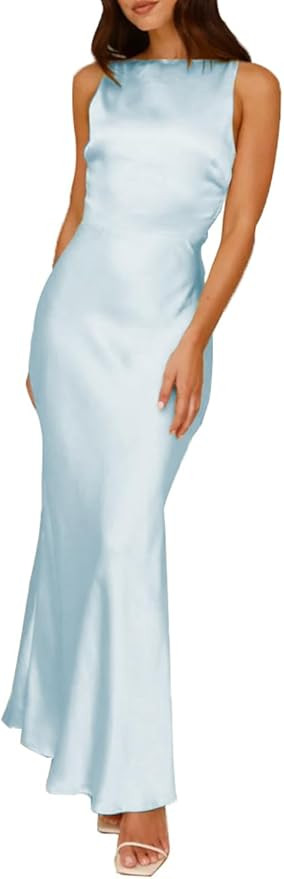 Summer Satin Maxi Dresses for Women 2025 Elegant Classy Silk Formal Sleeveless Backless Spaghetti... | Amazon (US)