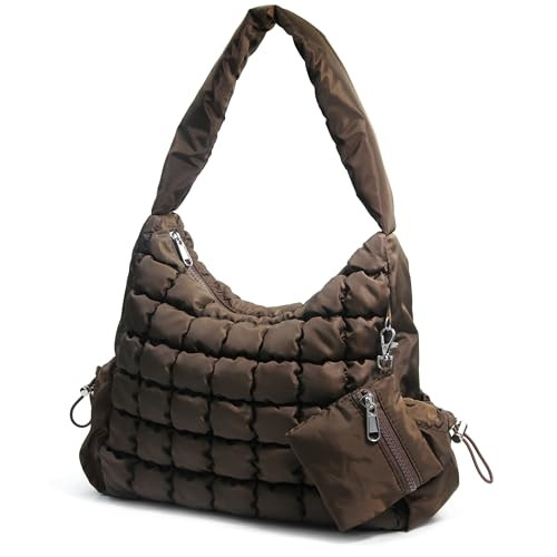 Puffer Quilted Shoulder Bag for Women Hobo Handbag Lightweight Purse (Coffee) | Amazon (US)