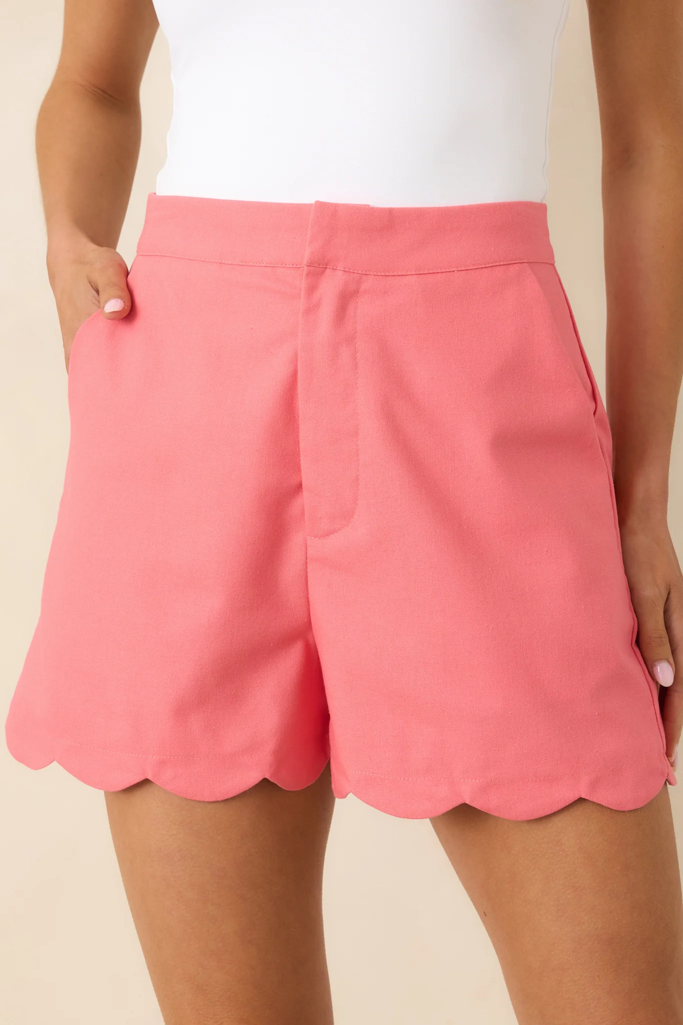 Seaside Darling Coral Pink Scallop Trim High Waisted Shorts | Red Dress