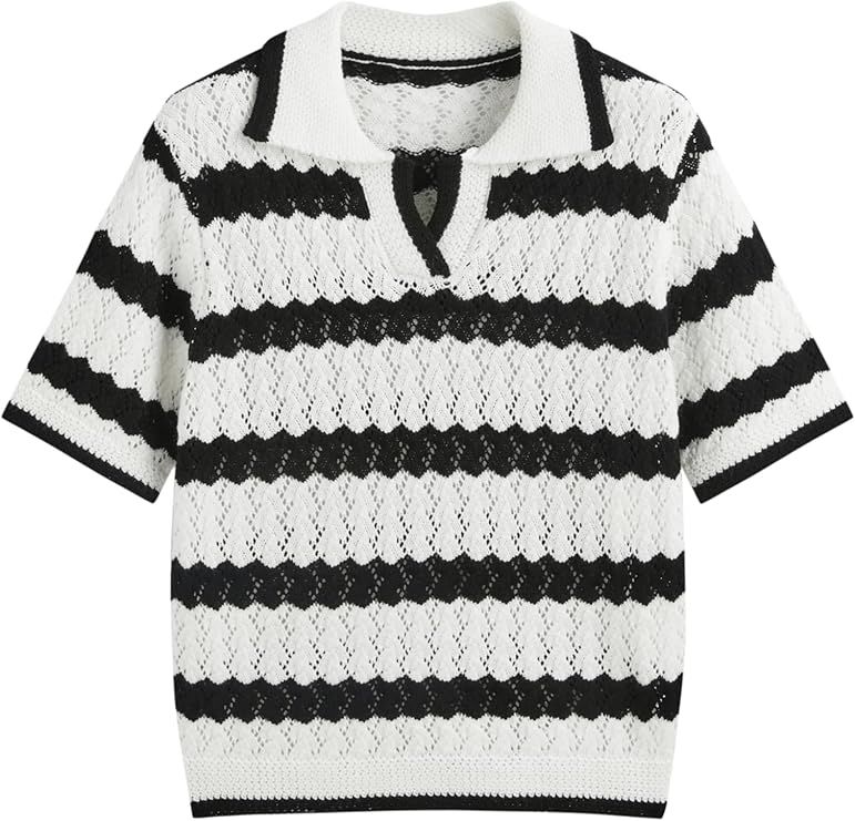 CIDER French Riviera Vacation Polo Striped Hollow Out Knitted Short Sleeve Top | Amazon (US)