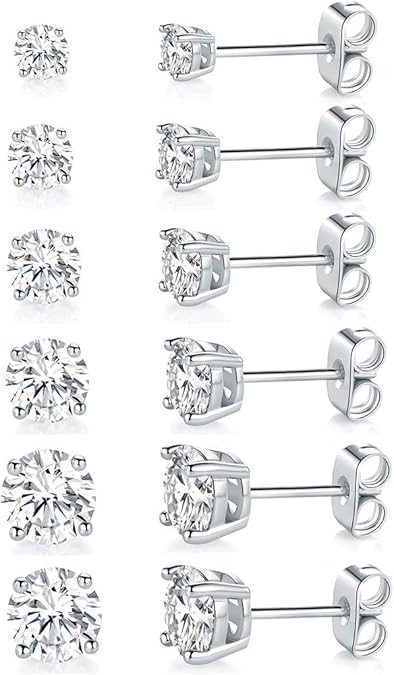 18K White Gold Plated 4 Pong Round Clear Cubic Zirconia Stud Earring Pack of 6 Pairs (6 Pairs) | Amazon (US)
