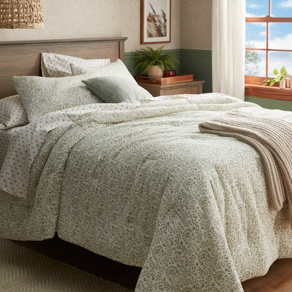 Traditional Vine Printed Cotton Comforter & Sham Set Green - Threshold™ | Target