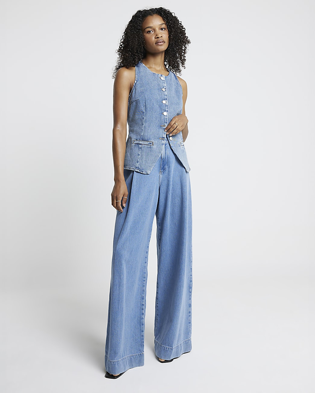 Blue High Neck Denim Waistcoat | River Island (UK & IE)
