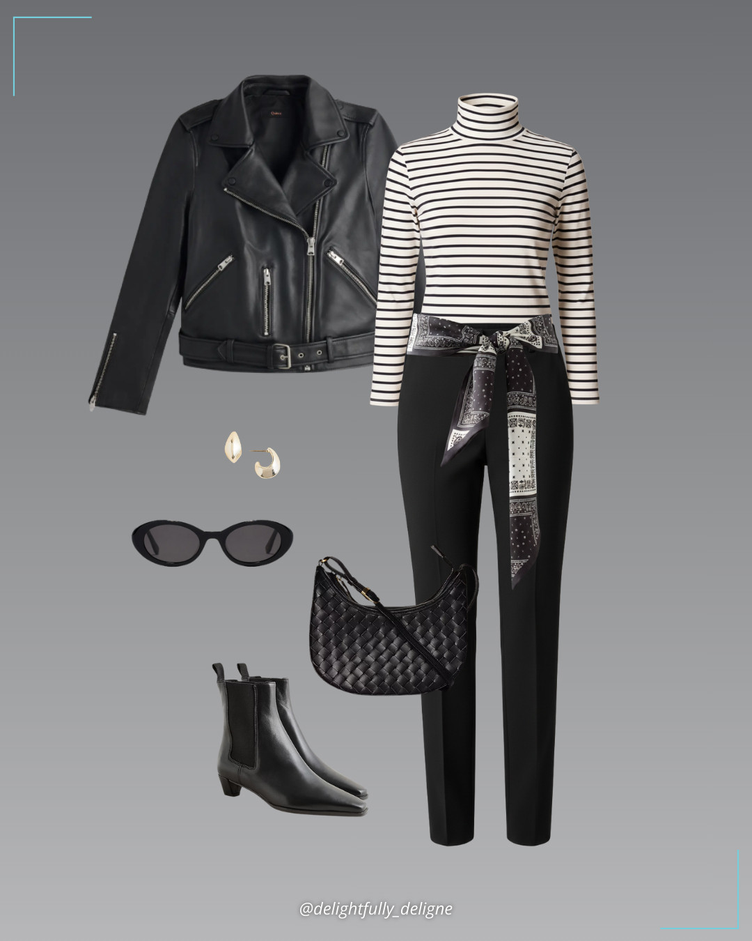 J.Crew Modern Mix 🤍🖤New Cameron pant in four-season stretch, feather jersey striped turtleneck, leather motorcycle jacket, Remi square-toe leather ankle boots, paisley print scarf belt, Bembien® mini sling bag, sculptural hoop earrings & oval sunglasses. 

 #LTKgrwm #LTKootd #LTKOver40