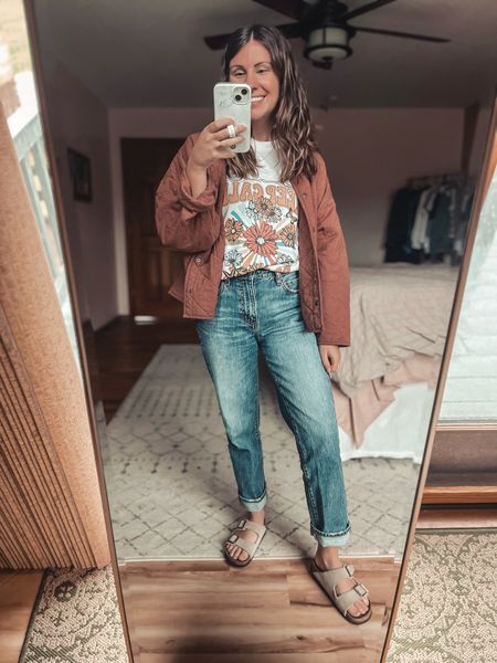 I’m wearing a small in my mountain moverz tee (use MARISSA20 for $$ off). My jacket is older so I linked similar. My jeans are a size 25 and so comfy! My Birkenstocks are true to size and I also linked a similar affordable lookalike. 

#LTKfindsunder100 #LTKstyletip #LTKfindsunder50