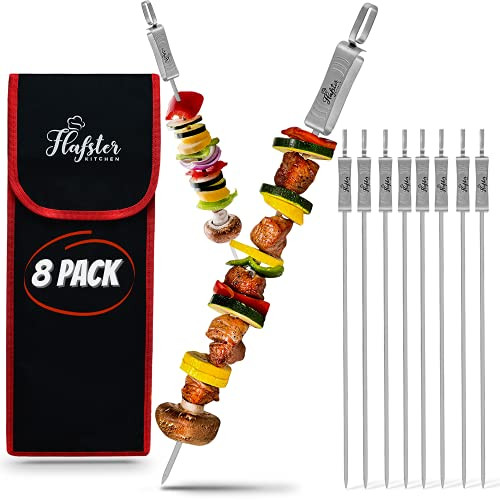 Patented Kabob Skewers for Grilling- BBQ Skewers for Grilling-16" Long Flat Kebab Skewers With Push Bar- Shish Kabob Skewers -Stainless Steel Skewer Sticks for Camping - Wide Reusable Skewers - 8 Pack | Amazon (US)