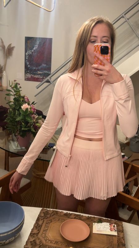 Try on of the strawberry milkshake 🍓 workout set from Lululemon! I adore this 3 piece workout outfit that can also be worn separately! The Define crop jacket is so flattering and the lululemon skirt is adorable for tennis or ballet 🩰 

#LTKstyletip #LTKfitness