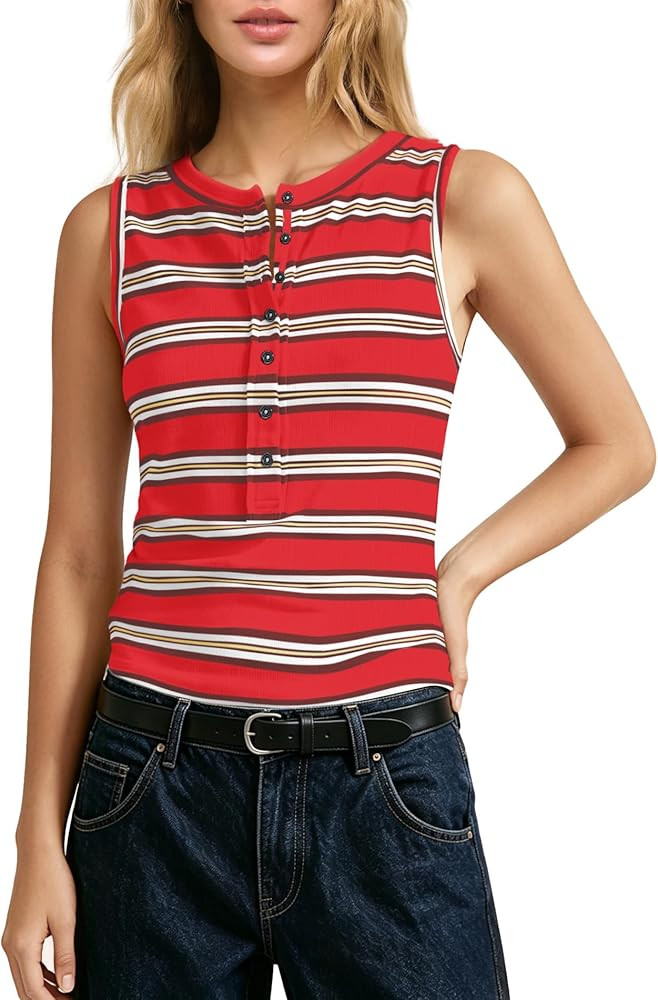 Yanekop Womens Striped Tank Tops Wide Strap Slim Fit Camisole Henley Neck Button Down Sleeveless ... | Amazon (US)