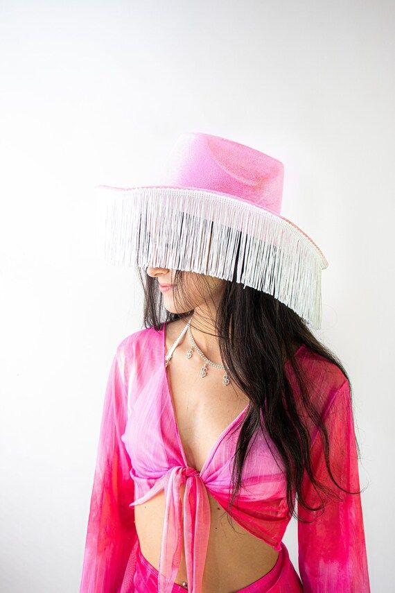 Strawberry Ice Cream Pink Rave Babe Cowgirl fringe hat | Etsy (US)