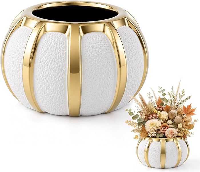 Beeveer 3.7 Inch Ceramic Pumpkin Vase Large Artificial Fake White and Gold Striped Pumpkin Flower... | Amazon (US)