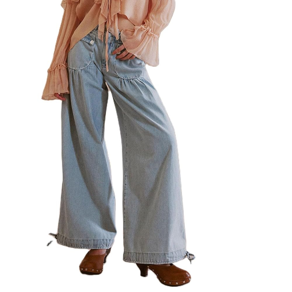 Low Rise Barrel Jeans Women Lotus Tube Wide Leg Denim Pants Boyfriend Pleated Ruffle Tie Hem Y2k ... | Amazon (US)
