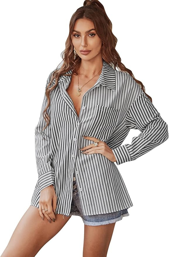 KAYWIDE Women's Vertical Stripes Button Down Shirts Casual Long Sleeves Lapel Collar Colorblock Pock | Amazon (US)