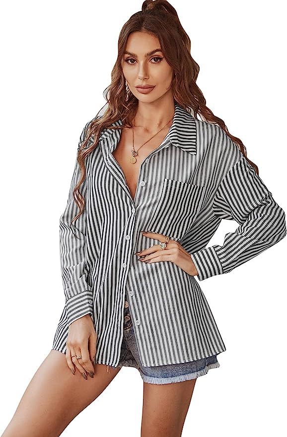 KAYWIDE Women's Vertical Stripes Button Down Shirts Casual Long Sleeves Lapel Collar Colorblock Pock | Amazon (US)