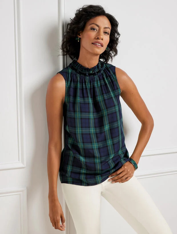 Velvet Trim Halter Top - Black Watch Tartan | Talbots