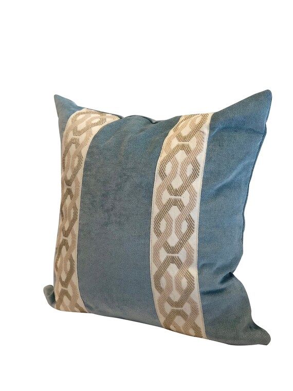 Pillow Cover Designer Aqua blue Velvet taupe beige ivory fret | Etsy | Etsy (US)