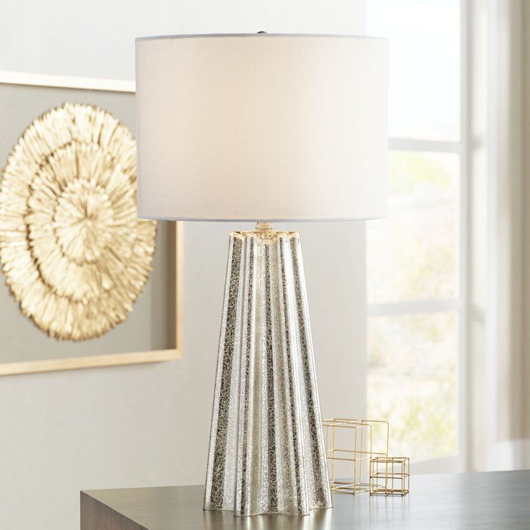 360 Lighting Modern Table Lamp Fluted Mercury Glass White Drum Shade for Living Room Family Bedro... | Walmart (US)