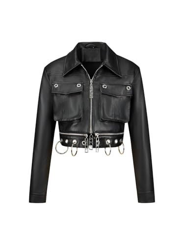 Giolshon Women Faux Leather Jacket Moto Biker Cropped Fall Clothes Long Sleeve Coat GSQ24305 Black S | Amazon (US)