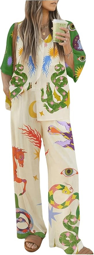 Women's 2 Pieces Outfit Graphic Print 3/4 Sleeve Button Down Shirt and Wide Leg Pants Set | Amazon (US)