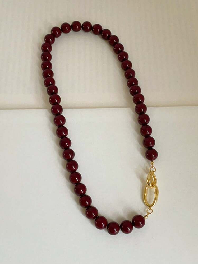 Minar French Dark Red Agate Natural Stone Strand Beaded Necklace For Women Gold Plated Chain Double Toggle Clasp Circle Chokers Plated With 14K Gold Ladies' Daily Party Accessories, Fashionable Jewelry, Best Friend Gifts | SHEIN
