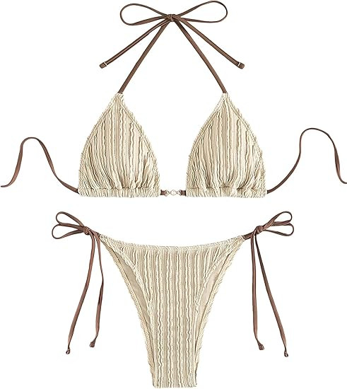 MakeMeChic Women's Triangle Halter Top & Tie Side Thong 2 Piece Bikini Sexy Swimsuit | Amazon (US)